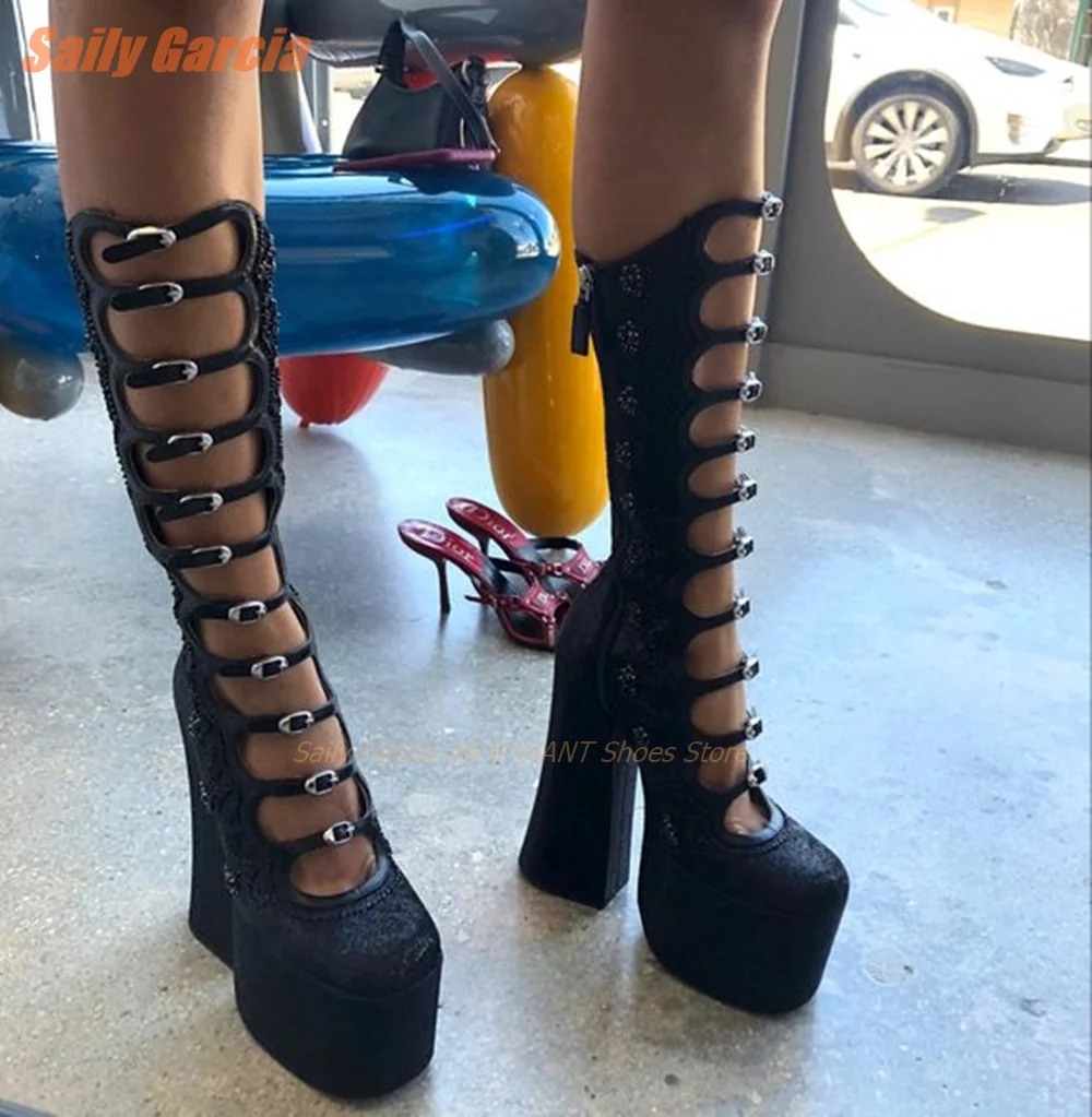 Platform Strappy Chunky Sandals Solid Thick Women Summer Boots Sexy Party Women Shoes Metal Button Fashion Leather Shallow