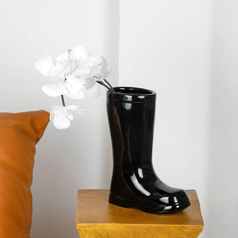 Modern White Boot Ceramic Vase, Smooth Gloss Finish, High-Fired Flower Holder, Durable Display Piece, Unique Floral Stand