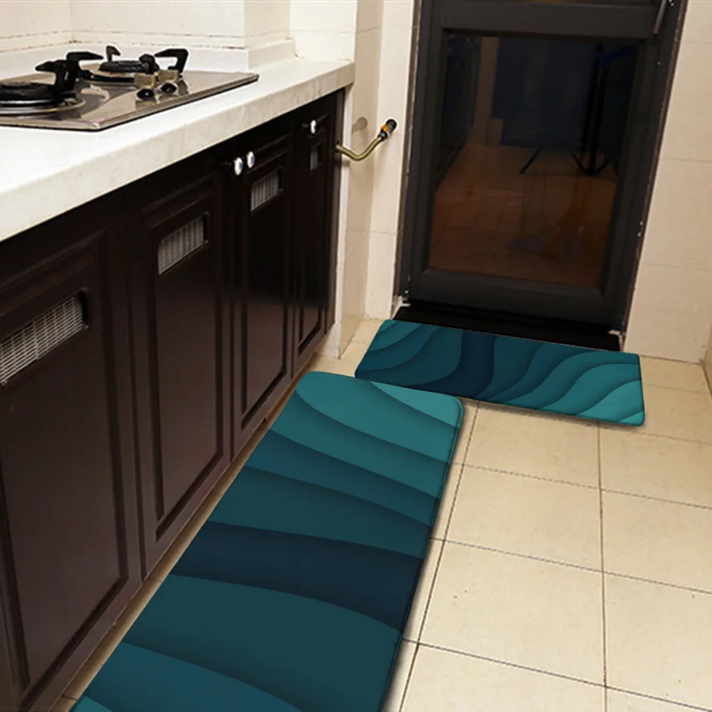 Kitchen Door Steps Water-Absorbing  Non-slip Foot Mats Abstract Turquoise Blue Wavy Striped