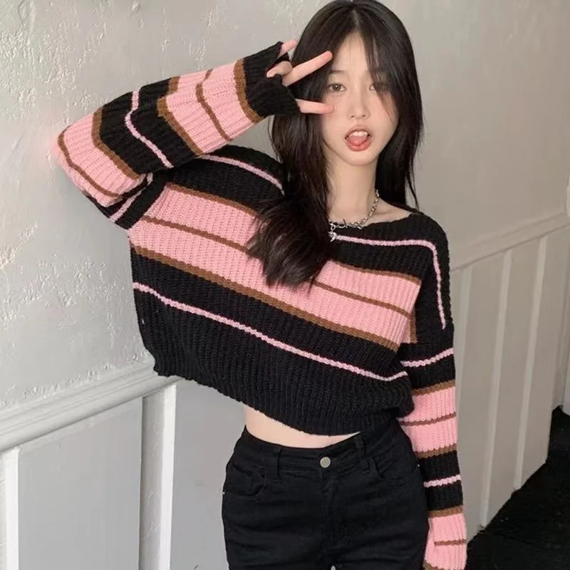 Striped Pullovers for Women Cropped Loose O-neck Ladies Cozy Retro Ins Casual Korean Style Fashion Daily All-match Свитер Tender