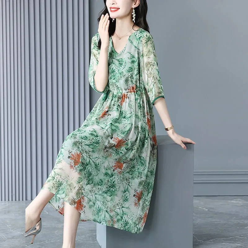 Green Floral Print V-Neck Drawstring Women's Dress 2024 Summer Short Sleeve Elegant Mid-Calf Dresses For Women