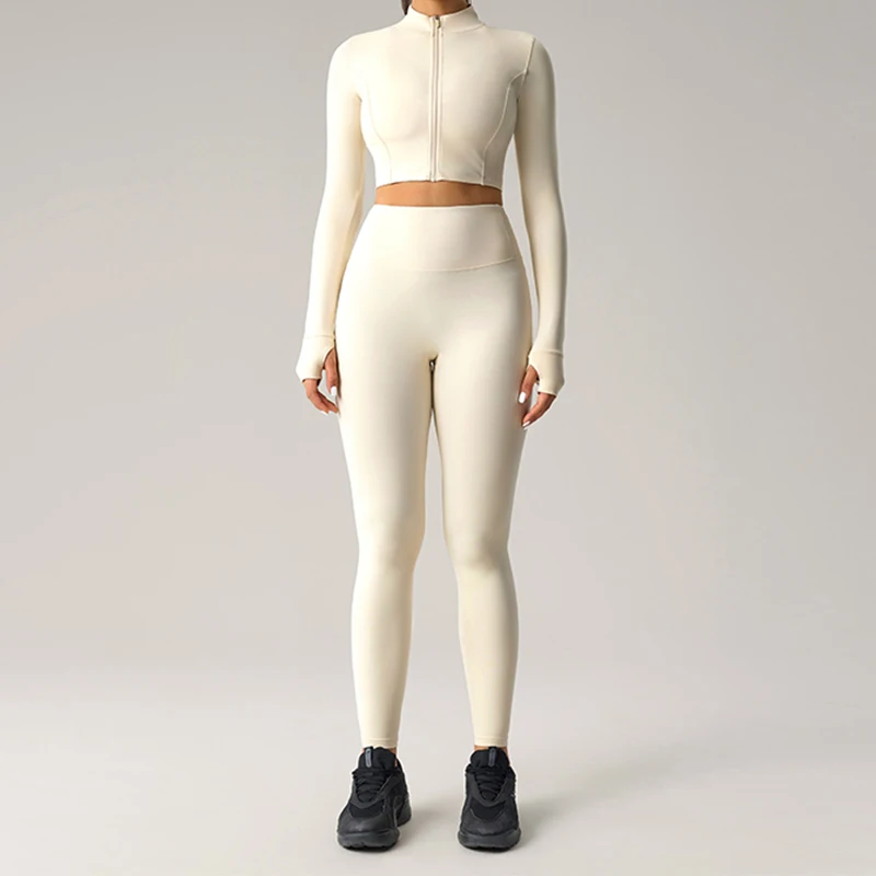 Women Nude Feel Stand Collar Long Sleeve Short Coat Yoga Set,High Waist Hip Lift Tight Nine-point Pants,Fitness Workout Activewe
