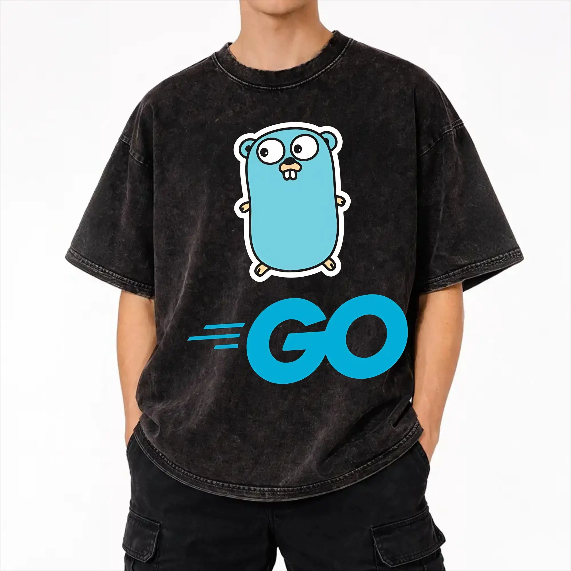 Golang Gopher programming language  T Shirt Hip Hop Washed Cotton Street T-Shirt  Novelty for Men Women Streetwear Printed Tees