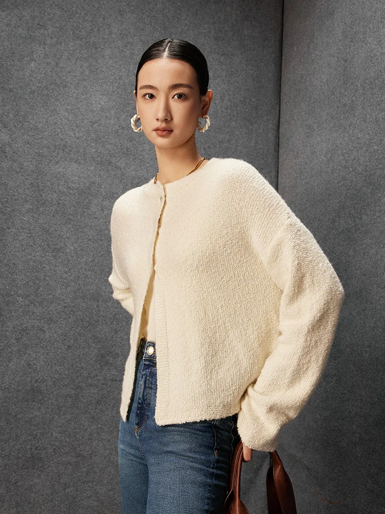 wei Woolen Open Cardigan Textured f-Bunched oulder Long Sve round Ne Knitted Sweater Ladylike Commute Sle Reg...