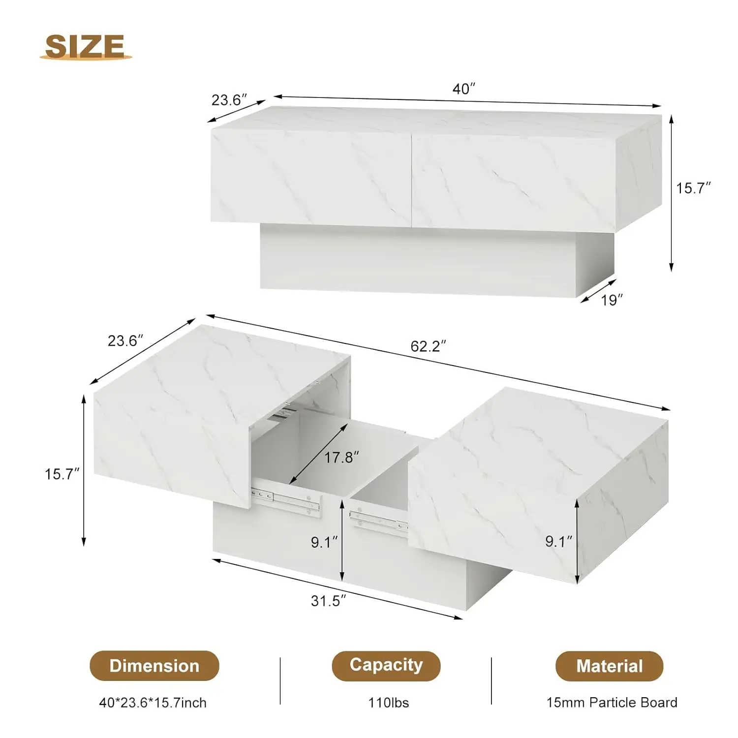 طاولة قهوة من الرخام الأبيض مع مساحة تخزين كبيرة، طاولة مركزية للمزرعة لغرفة المعيشة Mesas De Centro para Salas Modernas Nesting