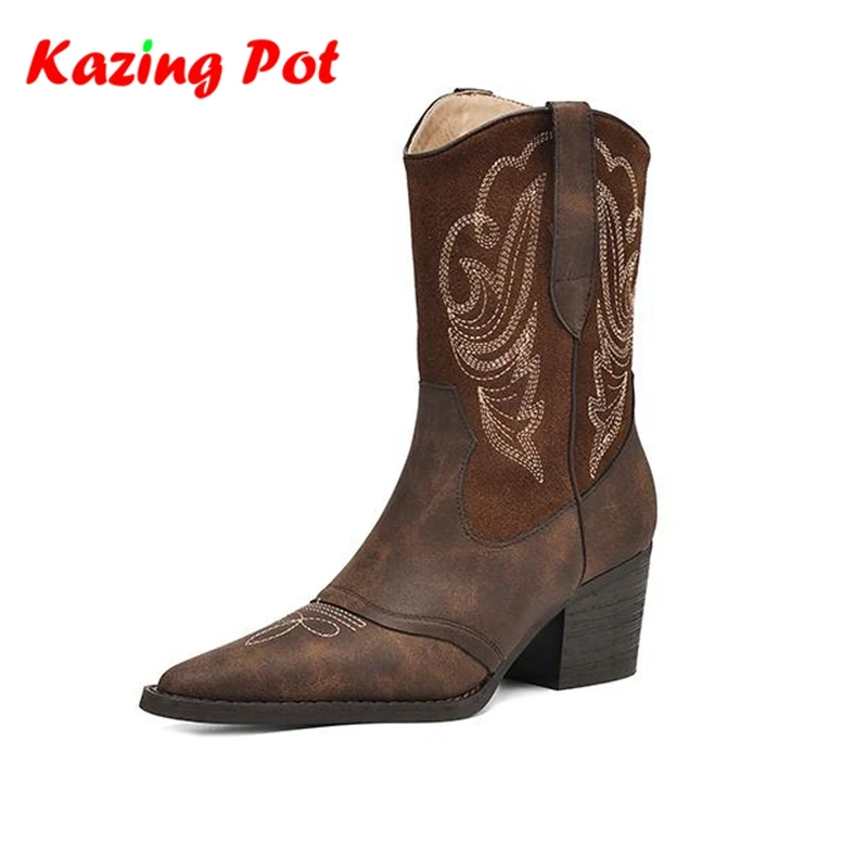 

Krazing Pot Cow Suede Cow Split Skin Thick High Heels Western Boots Embroidery Style Winter Autumn Vintage Women Ins Ankle Boots