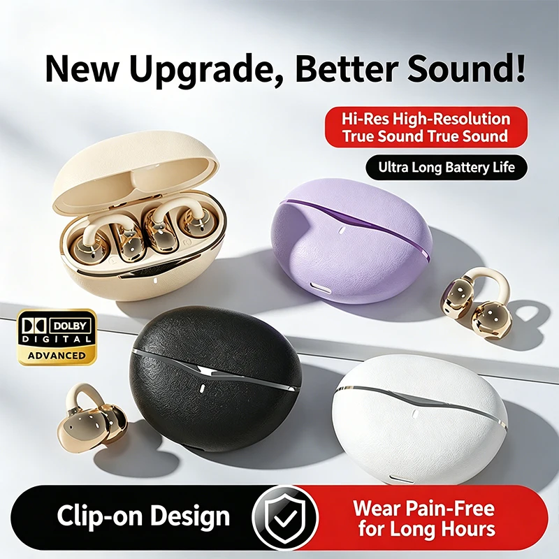 B42-Nuevos Auriculares Inalámbricos de Conducción Ósea HIFI Bluetooth 5.4 con Clip para la Oreja, con Micrófono, Resistentes al Agua, Auriculares Deportivos, Auriculares de Oficina