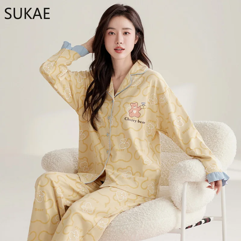 SUKAE Autumn Spring New Women Pajamas Set Turn-down Collor Faux Cotton Long Sleeves Sleepwear Leisure Pijama Lady Chic Homesuits