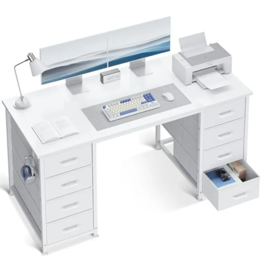 

48 Inch White Computer Desk with 8 Fabric Drawers Modern Office Desk for Home Office Study Gaming Large Storage White