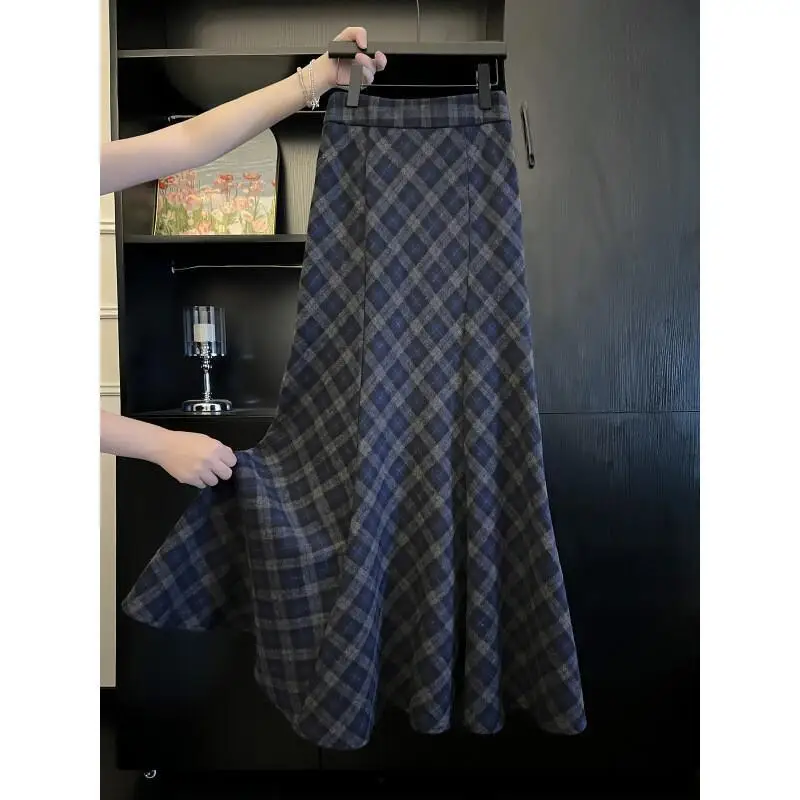 Saia feminina outono e inverno sarja azul cinza xadrez flanela midi saia engrossado para mulheres inverno feminino casual wear