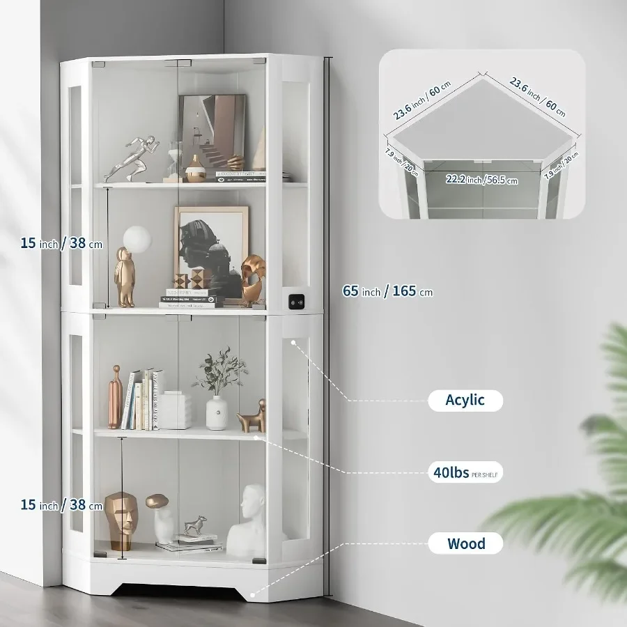Corner Display Cabinet for living room, wood veneer, walnut finish, adjustable LED-lit shelves with motion sensor