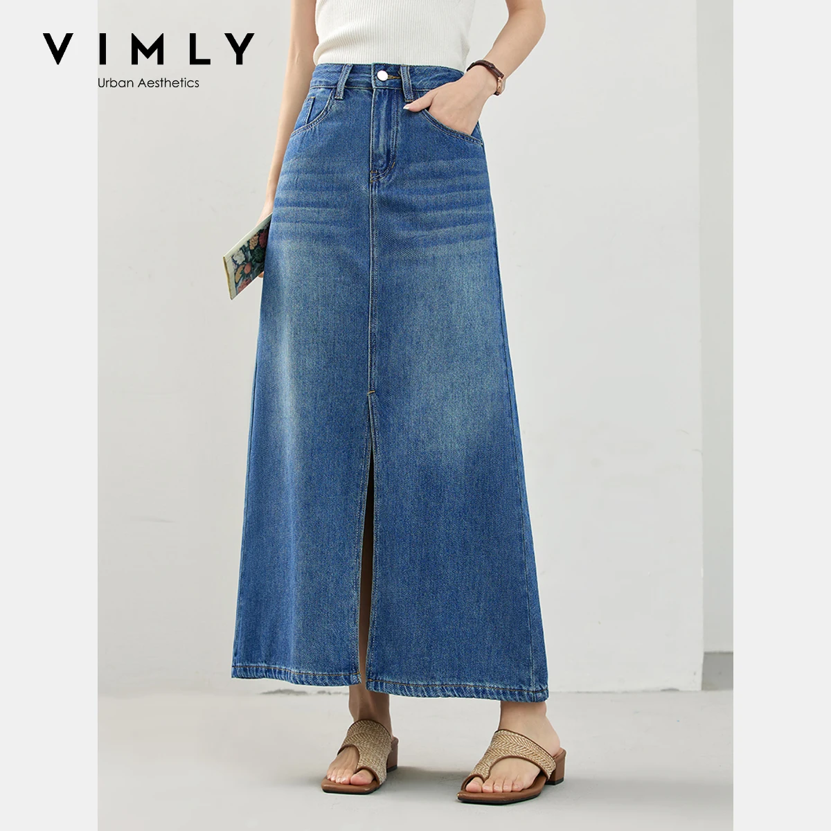 

VIMLY Mini Denim Skirt Women's 2025 Summer Vintage Clothing Navy Blue Jean Skirt A-line High Waist Pockers Woman Skirts 30273