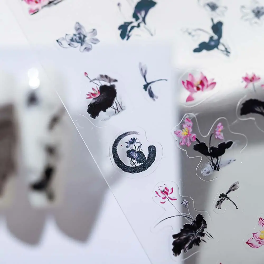 Crane Calligraphy Ink Fan Antiquity Style Flowers Nail Decals Manicure Accessories Chinese Nail Stickers Nail Art Decorations