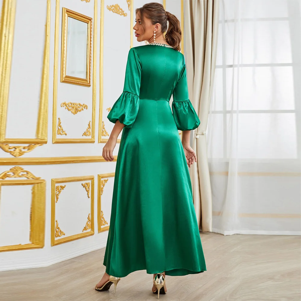 Moroccan Kaftan Caftan Wedding Green Puff Sleeves Muslim Women Party Decal Dress Dubai Arab Middle East Abaya For Women Clothing