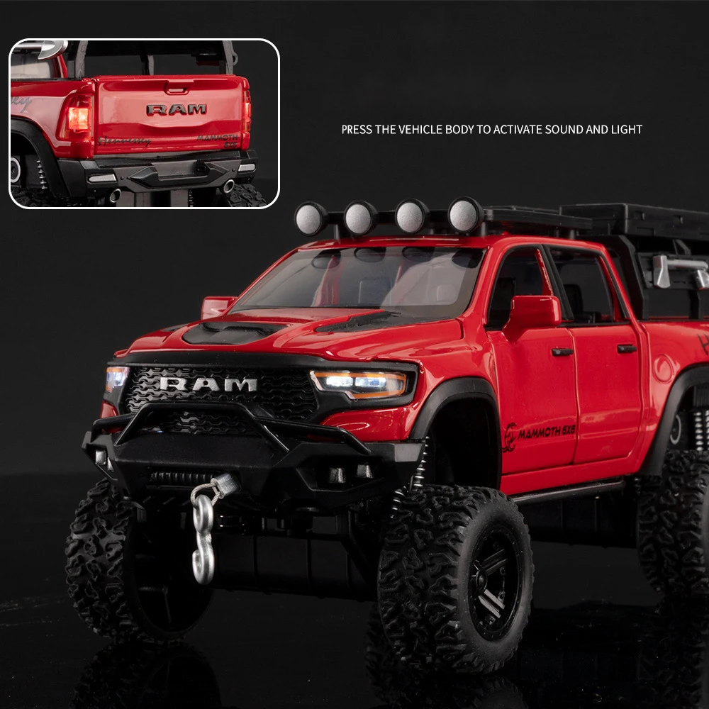 1:32 RAM 1500 TRX 6X6 Tyrannosaurus Rex Picku Alloy Car Model Sound and Light Children\'s Toy Collectibles Birthday gift