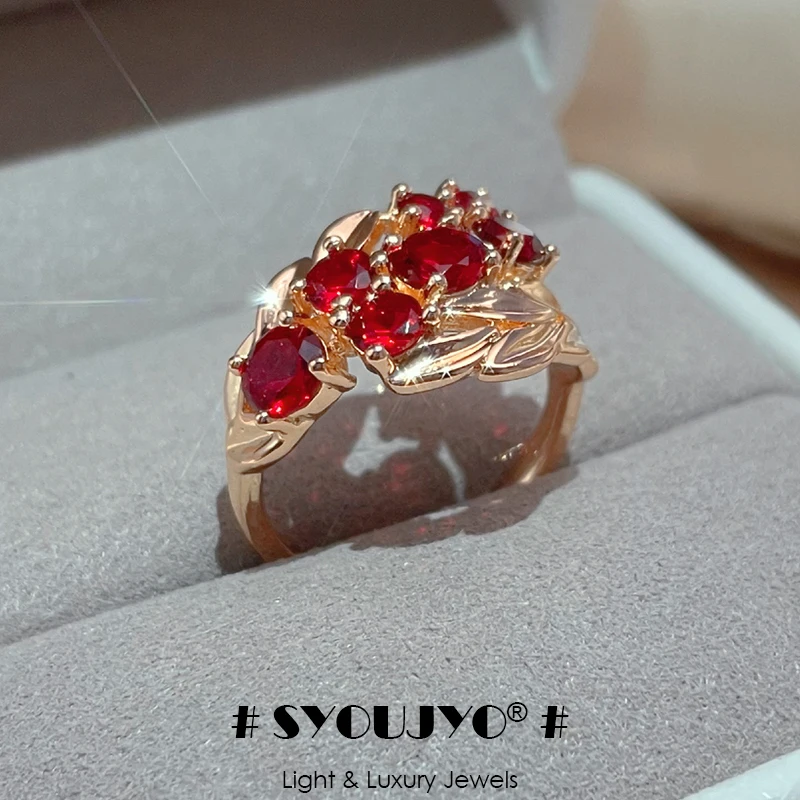 SYOUJYO Red Shiny Natural Stone Rings For Women 585 Rose Gold Color Elegant Vintage Bride Wedding Jewelry Family Party Best Gift