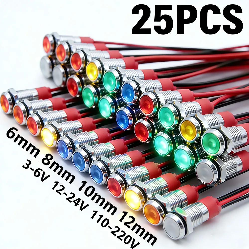 

25pcs 6/8/10/12mm Metal LED Warning Indicator Light Signal Lamp Pilot With Wire Red Orange Blue Green White 3V 5V 12V 110V 220V