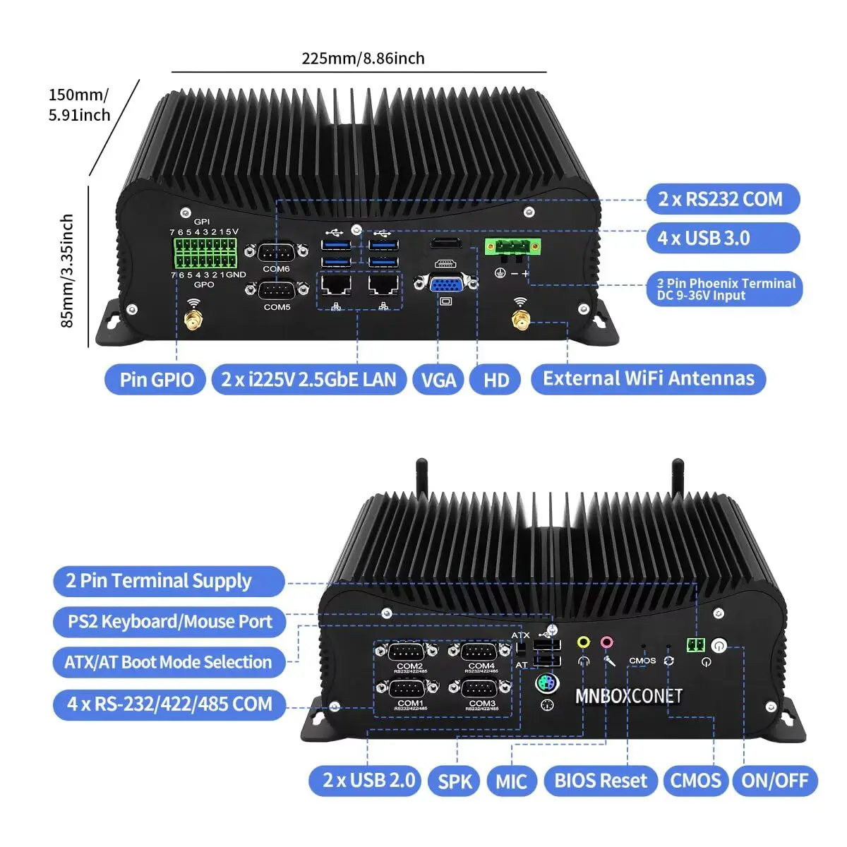 MNBOXCONET Mini PC industrial sem ventilador Core i5 1335U com 6 x DB9 COM, 2 x 2,5 GBE I225V LAN Micro Desktop PC DDR5 Barebone