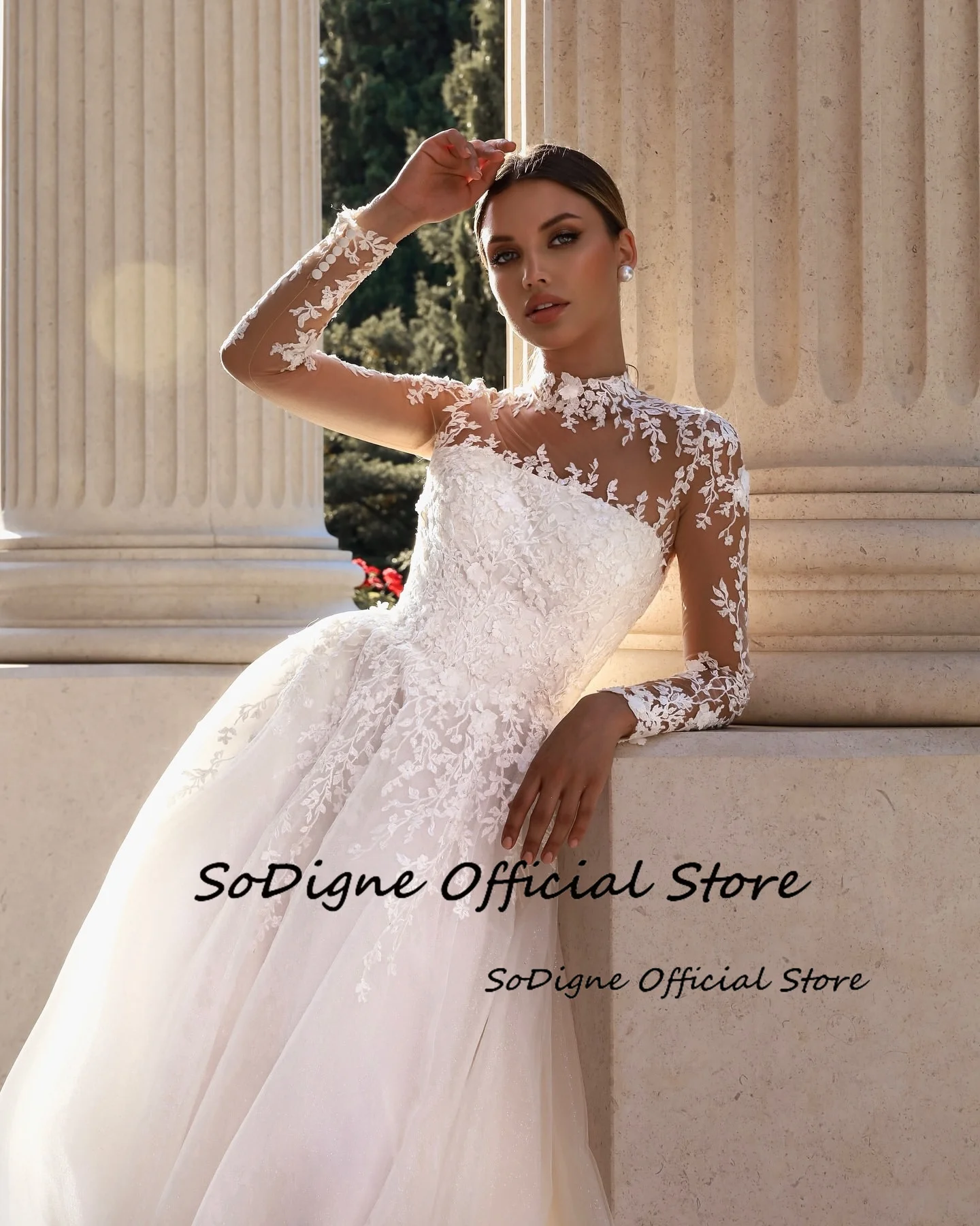 SoDigne A-line Appliques Wedding Dresses High Neck Full Sleeves Bridal Dress Long Wedding Gown Robe De Mairee ﻿Customized