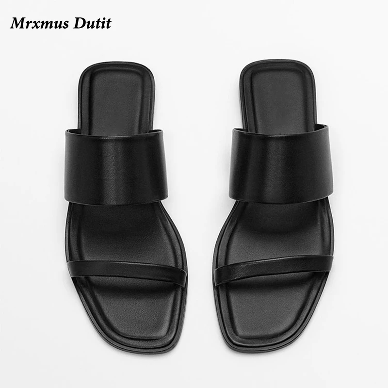 Mrxmus Dutit 2024 New Summer Fashion Genuine Leather Open Toe Flat Sandals Women Slippers Solid Simple Casual Beach Shoes Female