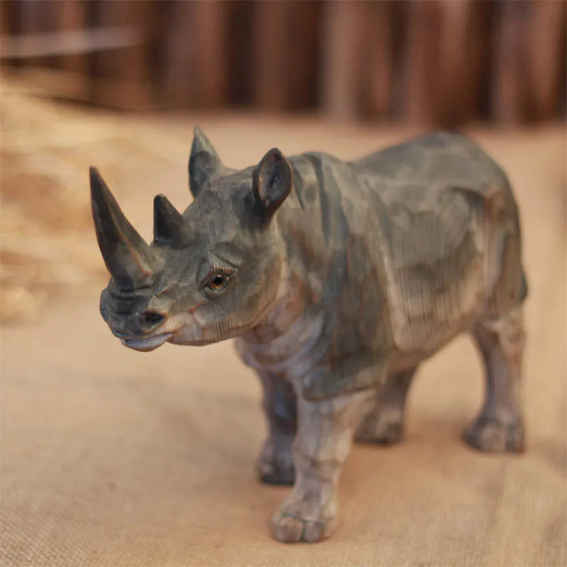 Solid wood craftsmanship, animal rhinoceros, handmade carving, vintage wood carving, customized feng shui ornaments, Nordic livi