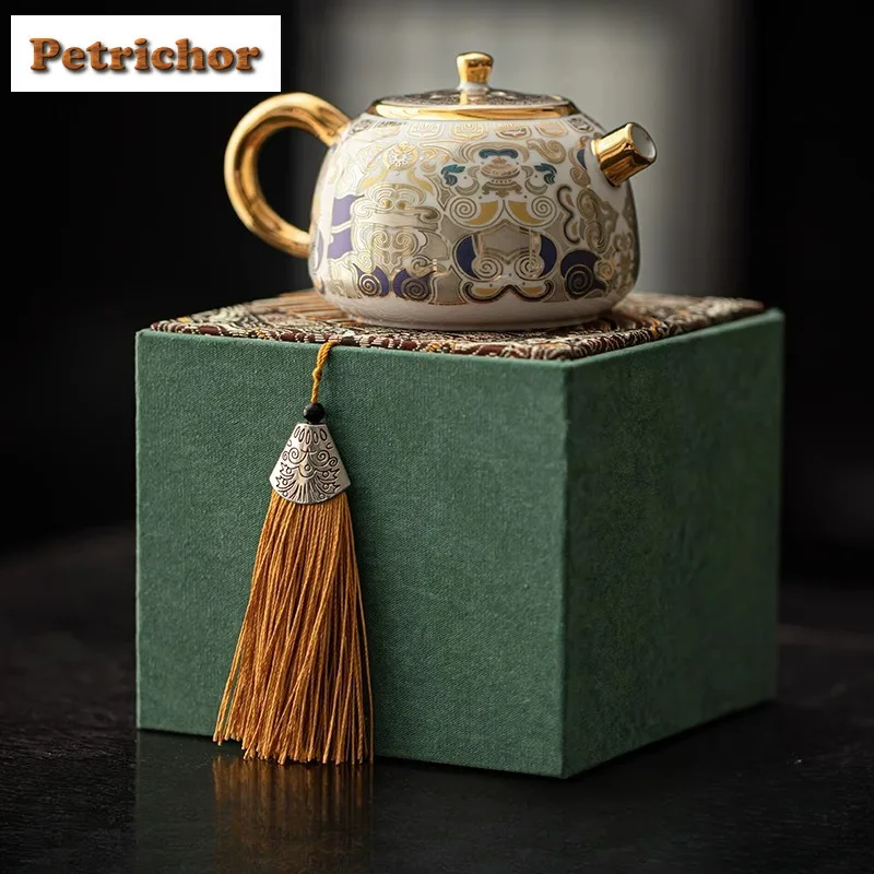 

135ml White Thangka Gilt And Silver Teapot Zen Tea Infuser Pot Tea Making Kettle With Filter Green Tea Accessories Pot Bearing