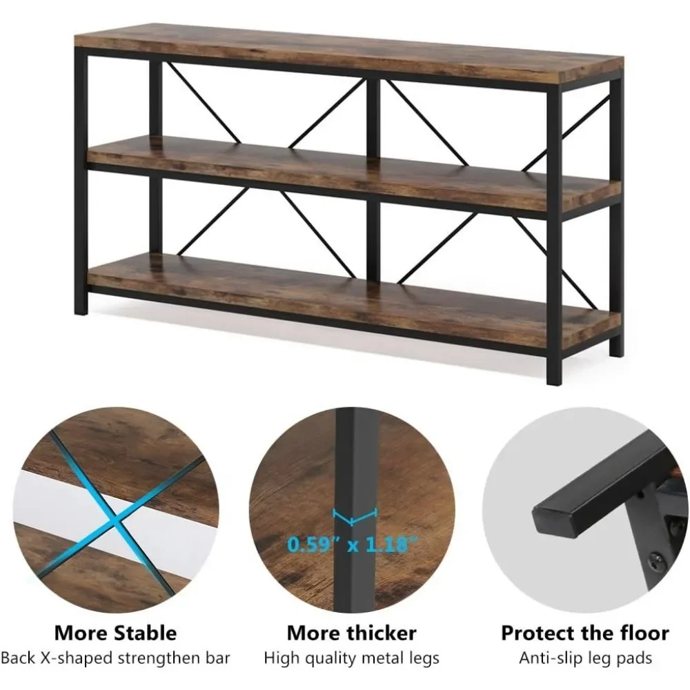 55 Inch Lange Banktafel Met Opbergplanken, 3 Niveaus Industriële Rustieke Consoletafel Met Open Planken, Drie Decoratieve Plank