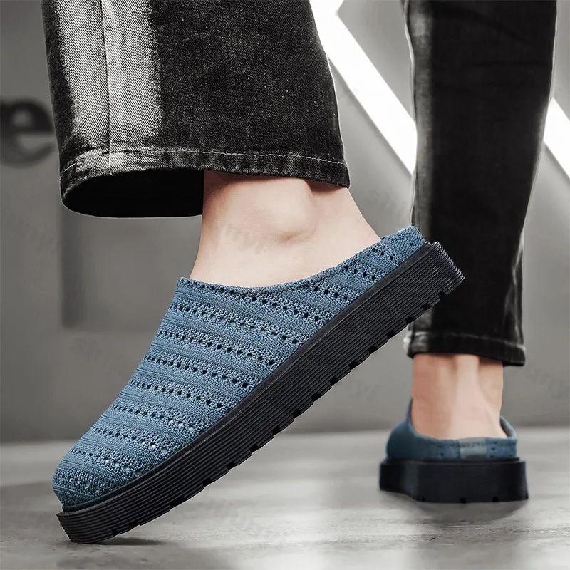 2025 Summer Casual Half Slippers for Men Fashion Hollow Breathable Soft Soles Comfortable Thick Soled Sandals Fly Weave Draggers