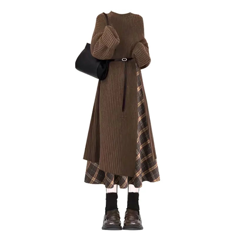 

Плюс размер, осенне-зимний полосатый свитер, корейский утягивающий длинное пальто с высокой талией, клетчатая юбка, комплект, женский комплект из двух предметов