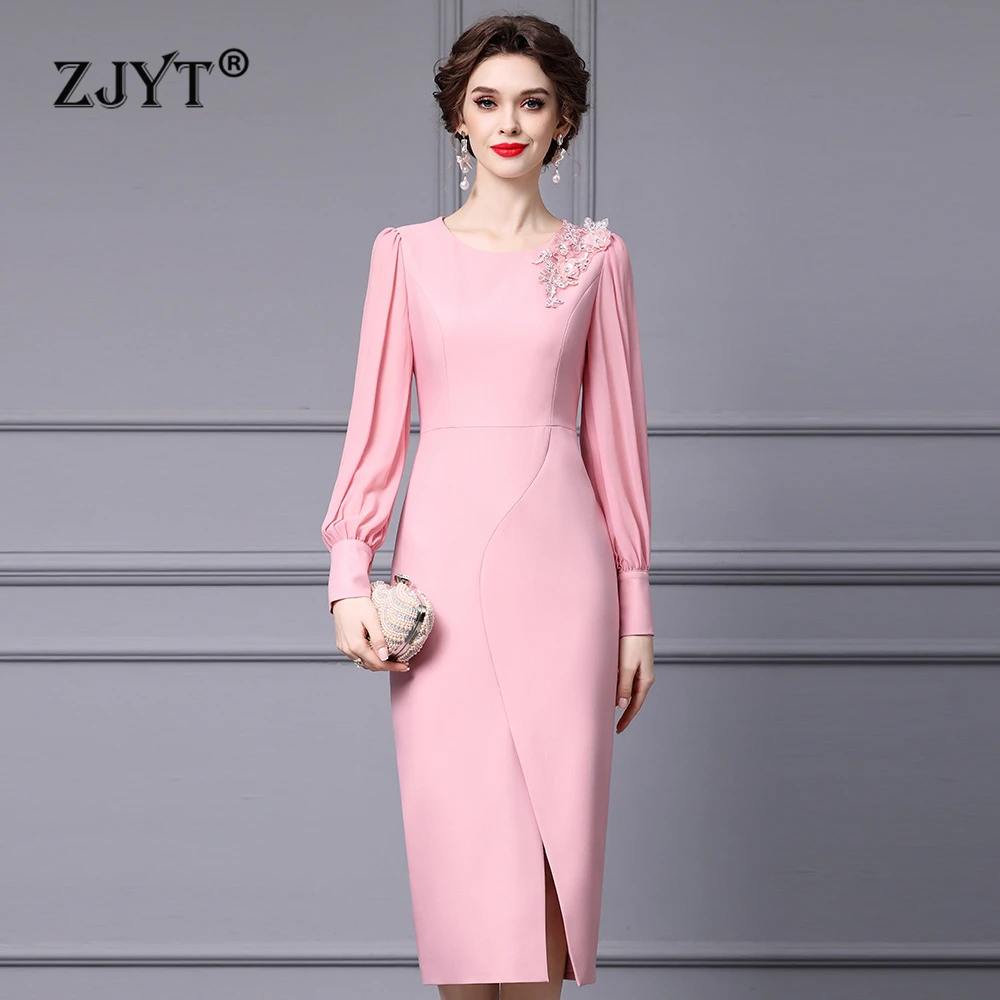 

ZJYT Designer Fashion Women's Spring Dresses Long Sleeve Embroidery Beading Pink Midi Party Dress Elegant Straight Vestidos 2024