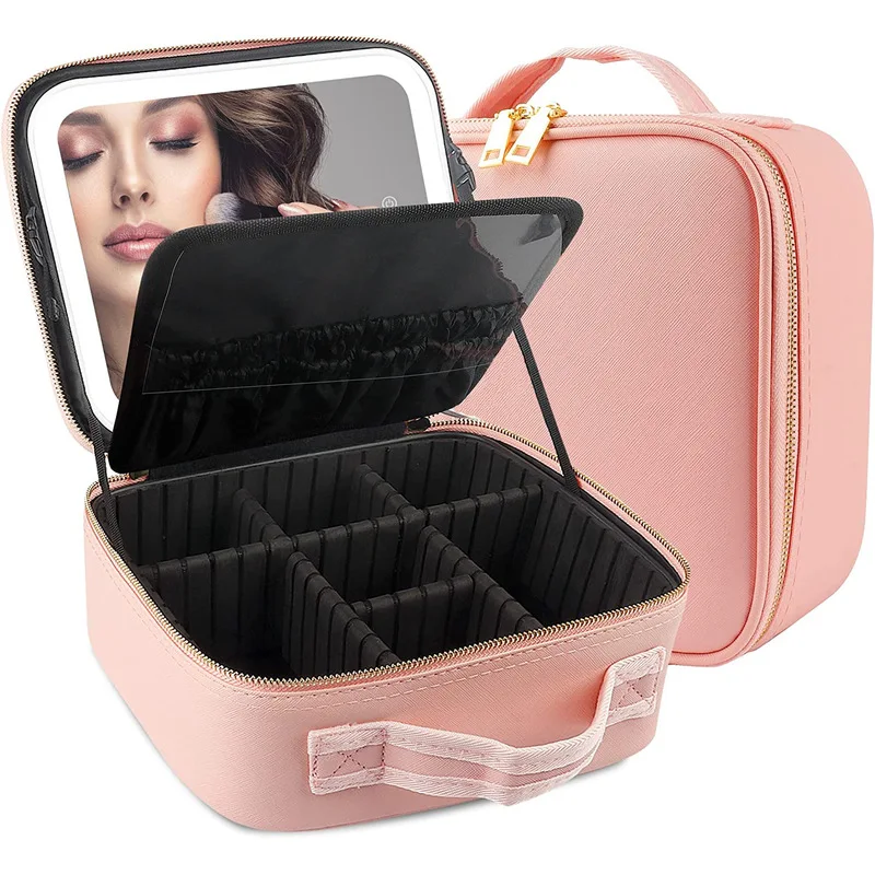 Large Capacity LED Mirror Makeup Bag Waterproof Portable Travel Cosmetic Case DIY Adjustable Divider Storage Organizer for Women