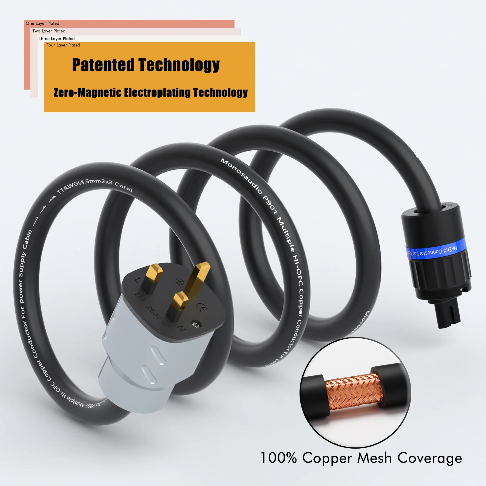 Monosaudio Audio UK Power Cable to C7 Hifi audio Gold Plated Pure Copper Gold Plated Power Plug
