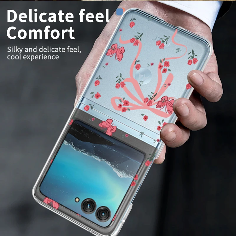 Hard PC Folding Case For Motorola Razr 50 40 Ultra Razr 40 Ultra 50 40 Bow Tie Roses Flowers Transparent Shockproof Phone Cover