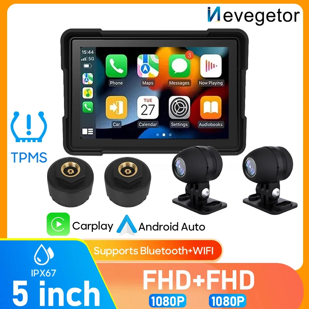 

Nevegetor 5 inch Motorcycle Carplay Waterproof 1080P WiFi Wireless Android-Auto DVR Monitor Dash Cam GPS Navigation TPMS