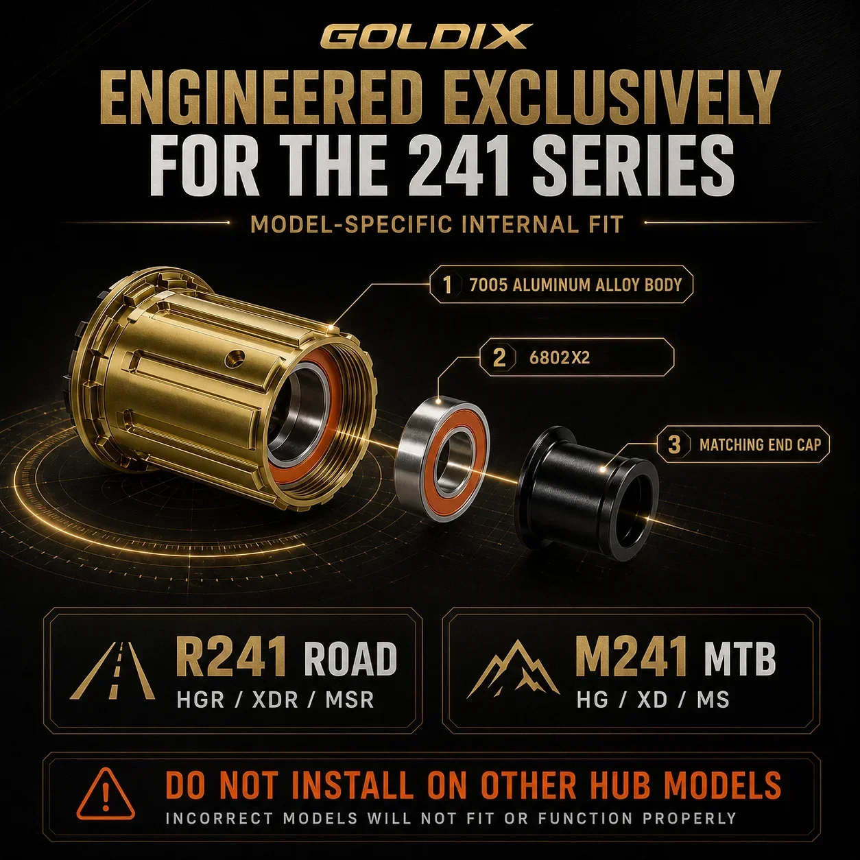 GOLDIX 7005 Aluminium-Freilaufkörper mit Doppel-6802-Lagern für R241 M241 Rennrad MTB HGR XDR MSR HG XD MS Nabenersatz – Detail 3