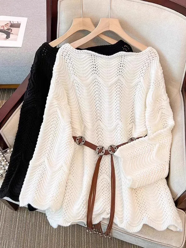 Slimming Knitted Sweater with Hollow out Design And Waist-Cinching Belt Early Spring Fashion for plus Size Women Long Sleeve