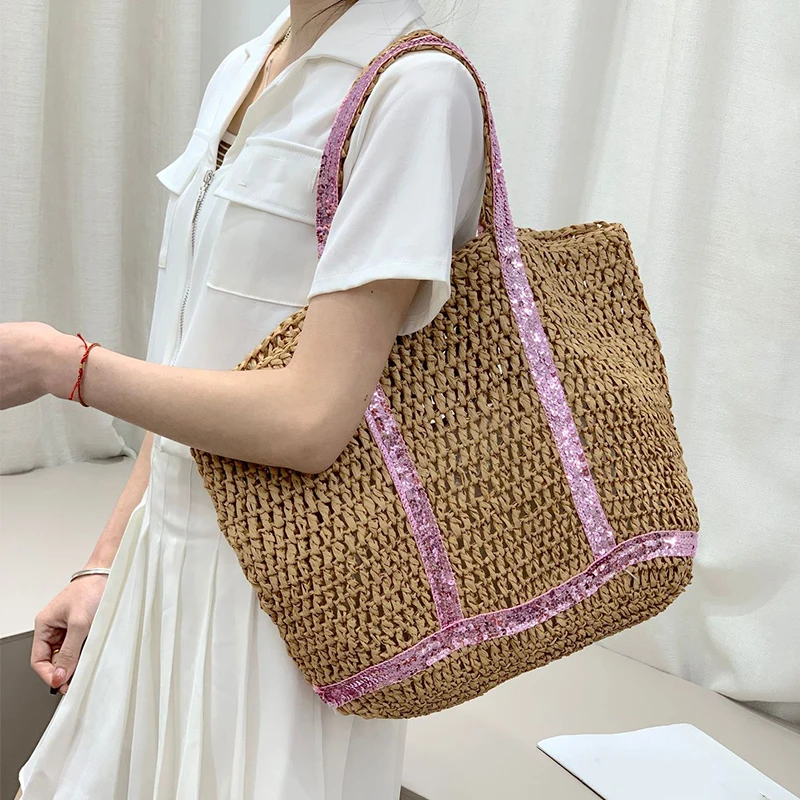 Summer Straw Shoulder Bags for Women Woven Seaside Beach Vacation Shopping Bags Casual Female Shoulder Handbags Totes