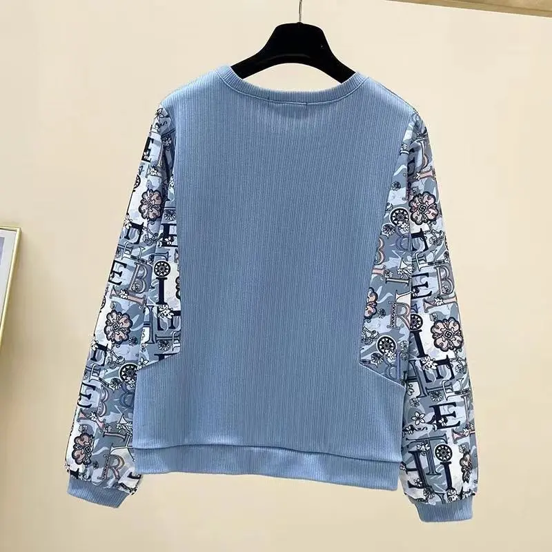 Spring and Autumn Women\'s Patchwork Contrast Color O-Neck Long Sleeves Loose Plus Size Pullovers Fashionable Casual Commute Tops