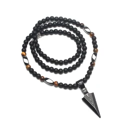 Matte Black 6mm Beads and Tiger-eye Stone with Hematite Cross and Zinc Alloy Arrow Pendant Necklace Handmade Gift
