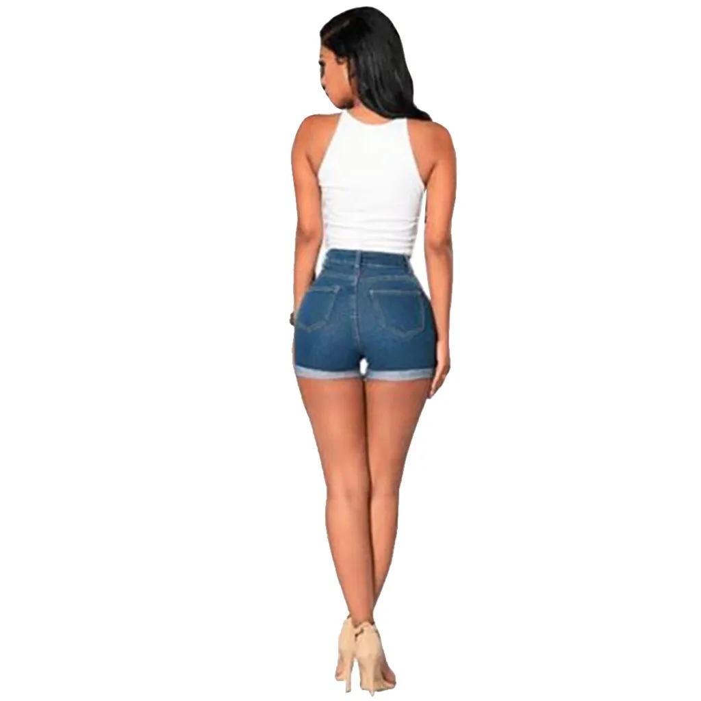 Shorts jeans de cintura alta para mulheres, jeans curtos casuais femininos, azul escuro, sexy hip lift, 2023