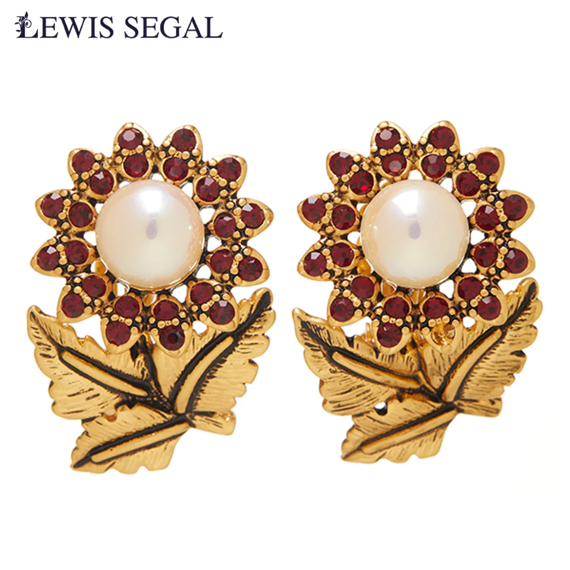 

LEWIS SEGAL Vintage Stud Earrings for Women Medieval Style Fine Jewelry Pearl Sunflower Metal Leaf Rhinestone 18K Gold Plated