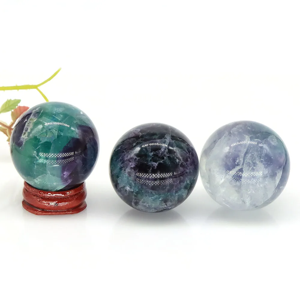 40mm Natural Stone Fluorite Reiki Healing Crystal Polished Energy Globe Chakra Massage Gemstone Ball Home Decoration With Stand