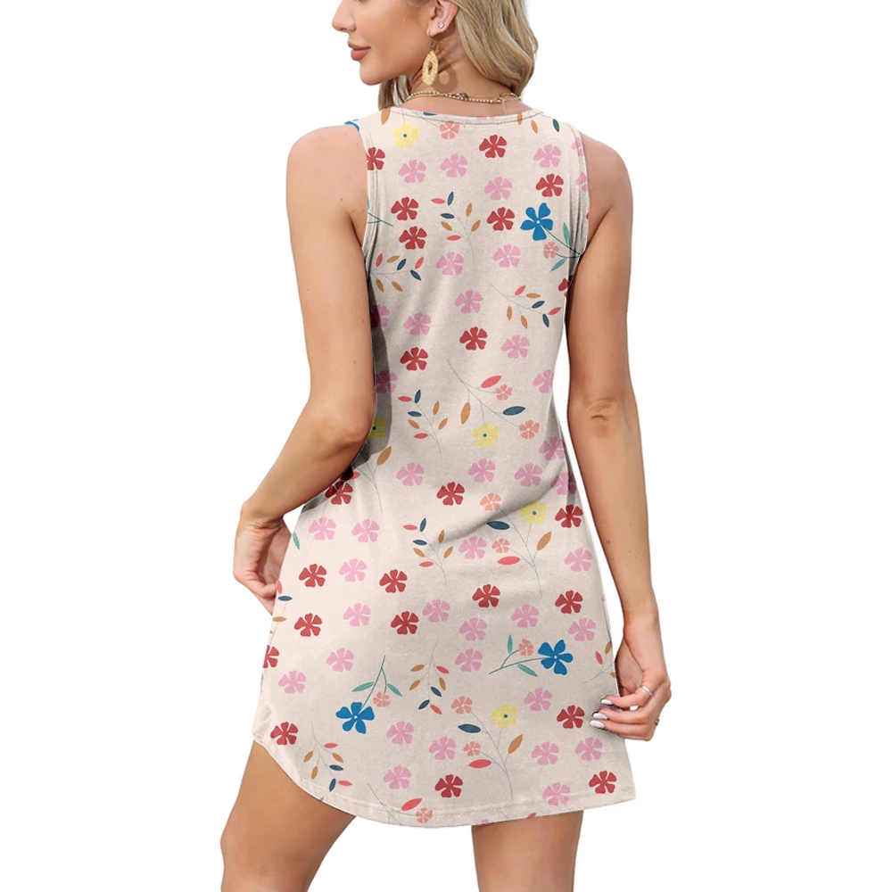 Vestido floral pequeño rosa de algodón puro para mujer, falda holgada con bolsillos, cuello redondo, moda informal cómoda, novedad de verano 2024