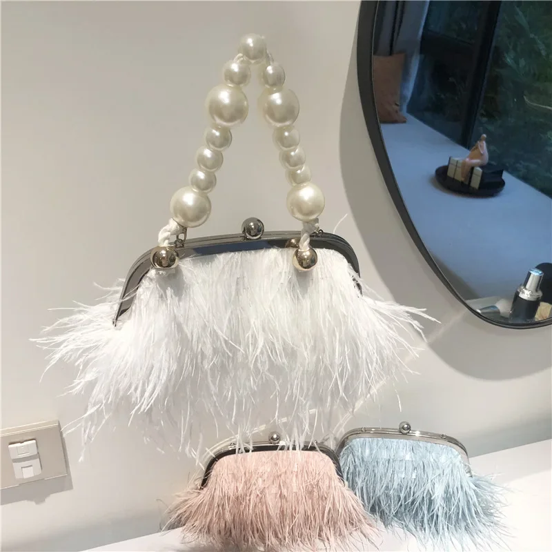 

2025 Luxury Fashion Women's Bag Ostrich Fur Feather Tassel Evening Bags Ladies Day Clutches Party Wedding Purses Chain Handbag