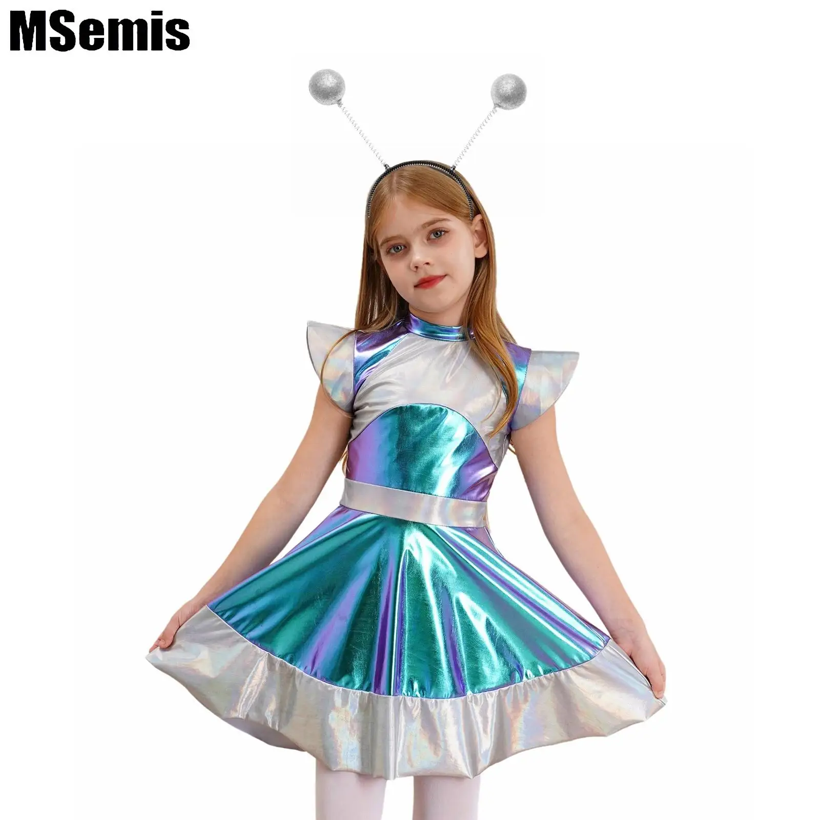 

Kids Girls Alien Outer Space Cosplay Costume Set Cutie Costume Dress with Funny Alien Hair Hoop Accessory for Halloween