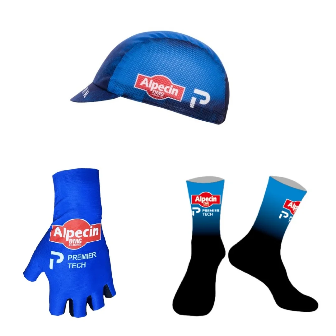 Ein Paar Halbfinger-Fahrradhandschuhe + EIN PAAR RADSÄCHSCHEN + Polyester-Mützen 2026 Alpecin Premier Tech Team BLAU