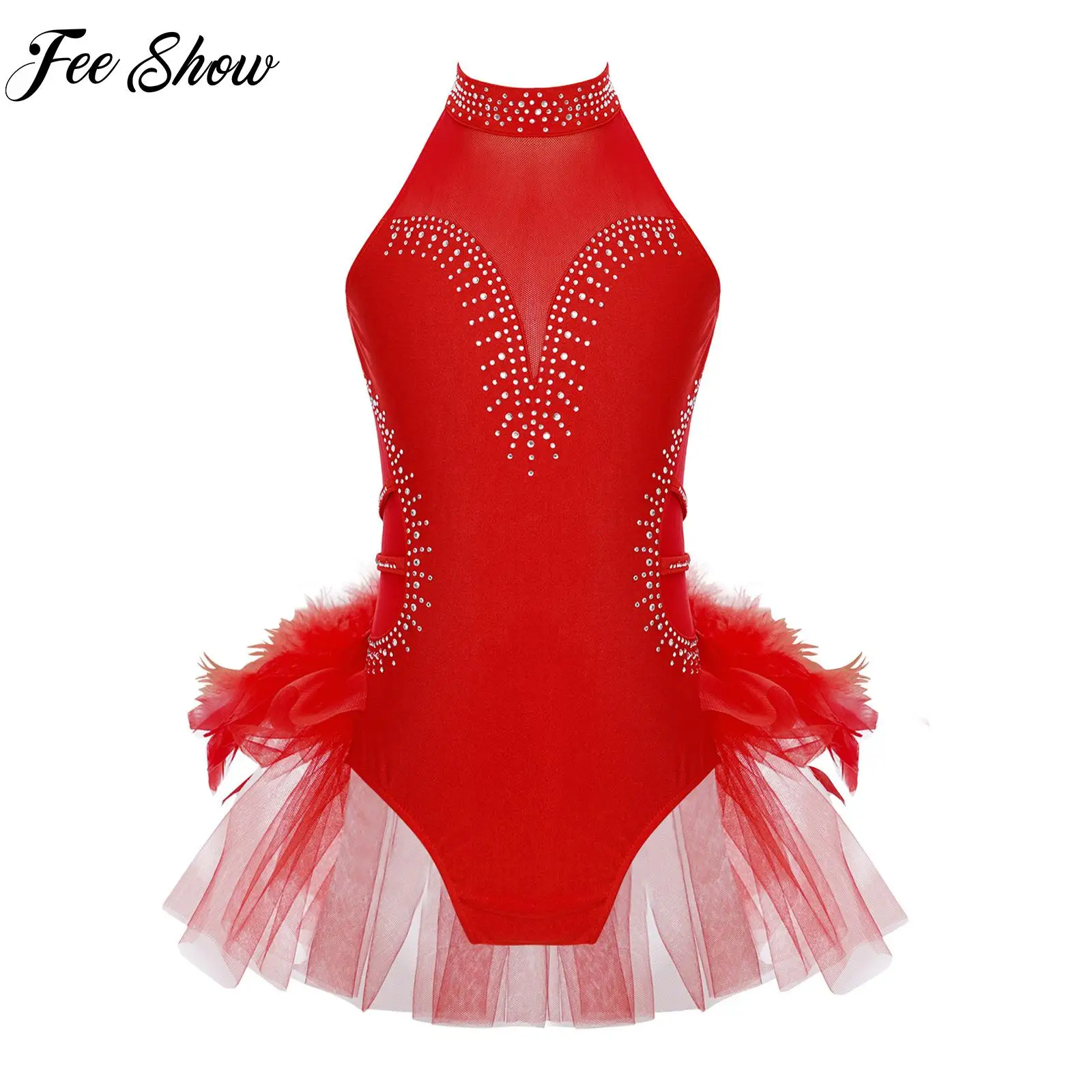 

Girls Ballet Gymnastics Leotard Kids Latin Tango Rumba Samba Dance Performance Costume Rhinestone Leotard Tulle Skirted Bodysuit