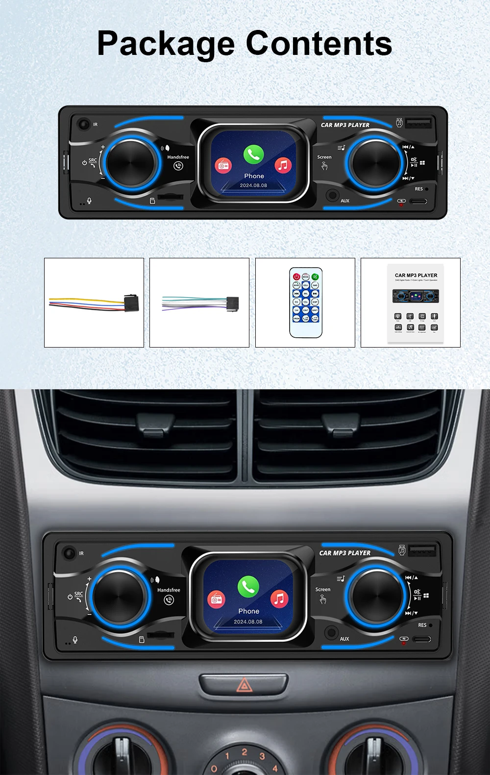 24V Wide Voltage Car Touch Screen Single Spindle Car Machine, with Time Display, Car Bluetooth, MP3 Player, Radio, Supports Mobi