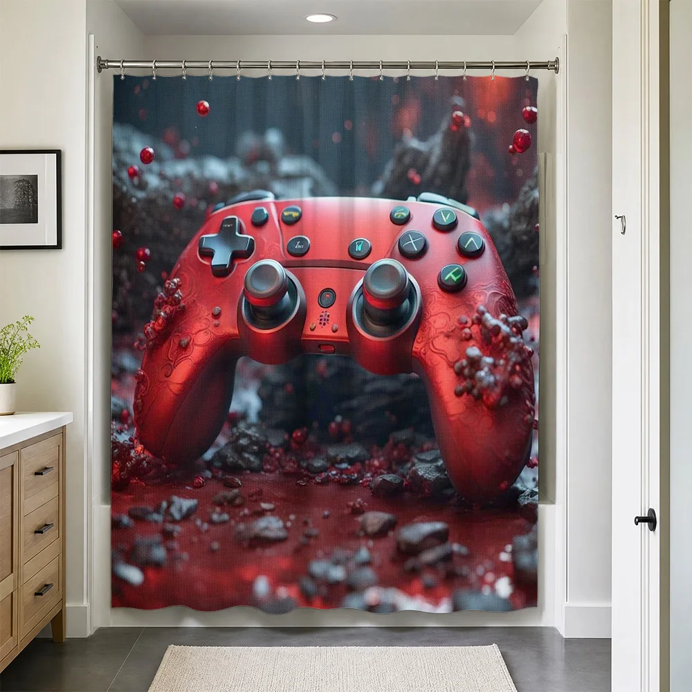 Gaming Controller Shower Curtain Red Video Game Console Shower Curtain Waterproof Bathroom Decor
