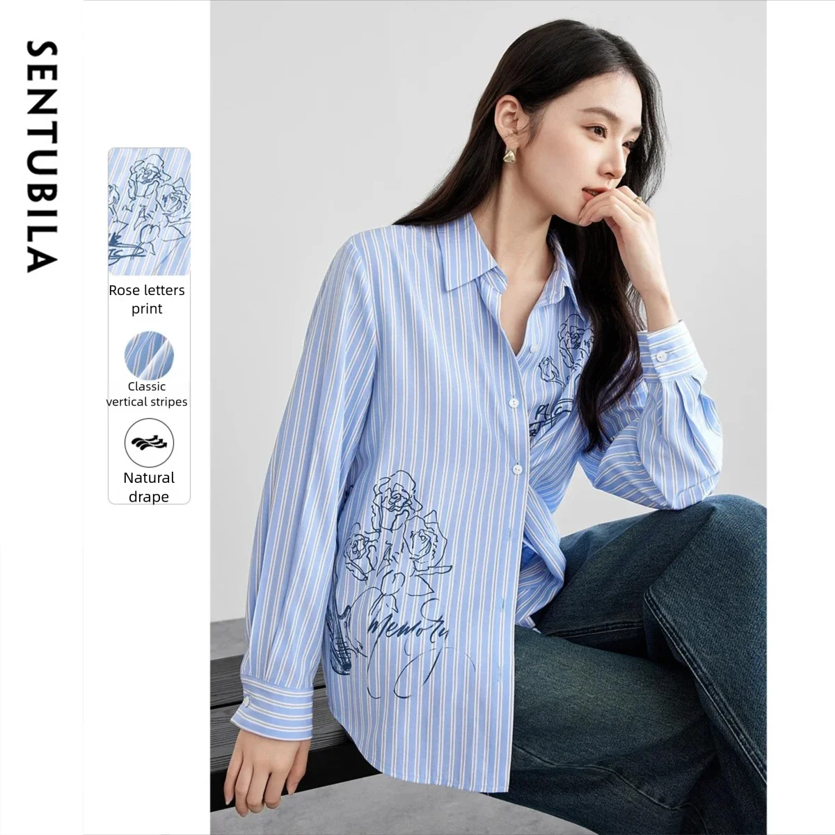 

SENTUBILA Woman Casual Shirts 2025 Autumn Fashion Turn-down Collar Classic Striped Print Tops Blouses Woman Clothing 151C57543